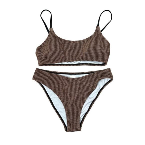 Cupshe Rib Mineral Wash Scoop Neck Top & Hipster Bikini Set Sz M Brown NWT - Picture 2 of 11